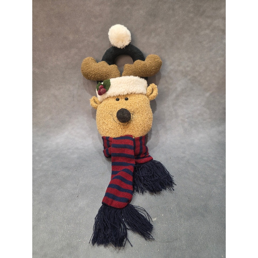 Plush Reindeer Door Knob Hanger Christmas Holiday Decor Moose Striped Scarf 17in